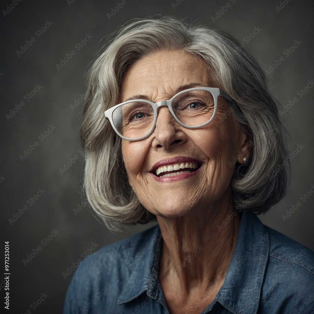 Elderly Caucasian woman with gray hair and glasses, smiling against dark background Elderly Caucasian woman with gray hair and glasses, smiling against dark background