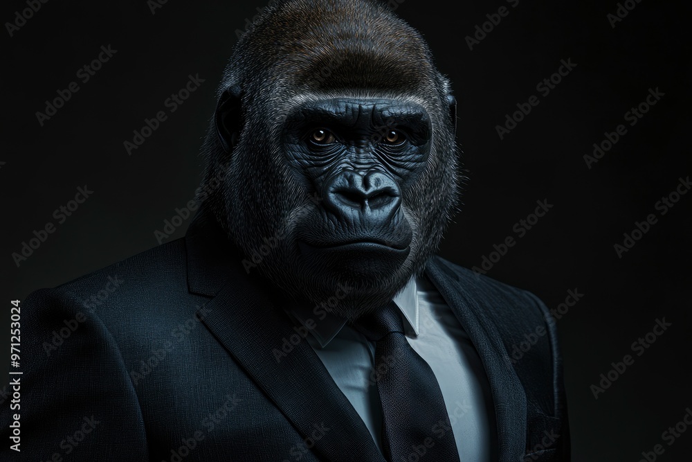 Gorilla like a human in suit. Portrait of a strong gorilla in a suit on a dark background with generative ai Gorilla like a human in suit. Portrait of a strong gorilla in a suit on a dark background with generative ai