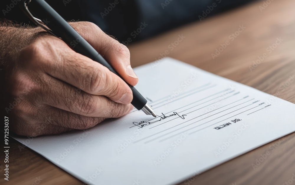 Person holding a contract with multiple signatures during a negotiation, signed agreement, closing a deal Person holding a contract with multiple signatures during a negotiation, signed agreement, closing a deal