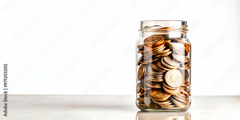 Flat Isolated Coin Jar with Savings Label - Modern Abstract Vector Illustration of a Transparent Jar Filled with Coins on White Background for Smart Business Savings Concept Flat Isolated Coin Jar with Savings Label - Modern Abstract Vector Illustration of a Transparent Jar Filled with Coins on White Background for Smart Business Savings Concept