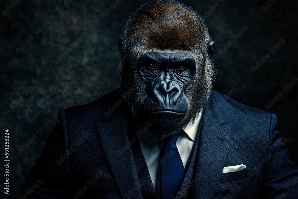 Gorilla like a human in suit. Portrait of a strong gorilla in a suit on a dark background with generative ai Gorilla like a human in suit. Portrait of a strong gorilla in a suit on a dark background with generative ai