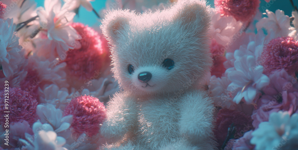 A teddy bear sitting in a bed of flowers A teddy bear sitting in a bed of flowers