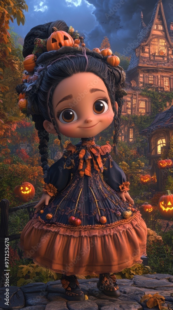 Fototapeta premium A little girl dressed up in a halloween costume