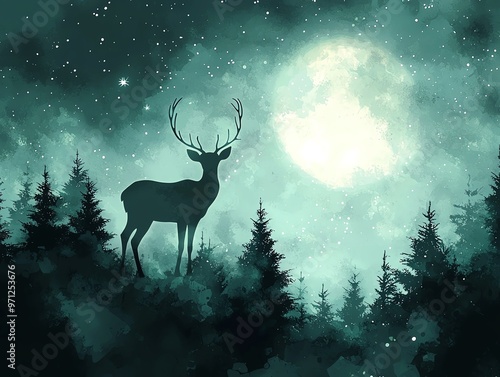 Glowing deer standing in a mystical forest under a moonlit sky, Watercolor style