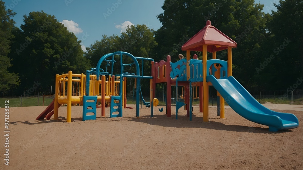 Kids laughing and playing on the colorful swings at the sunny playground Kids laughing and playing on the colorful swings at the sunny playground