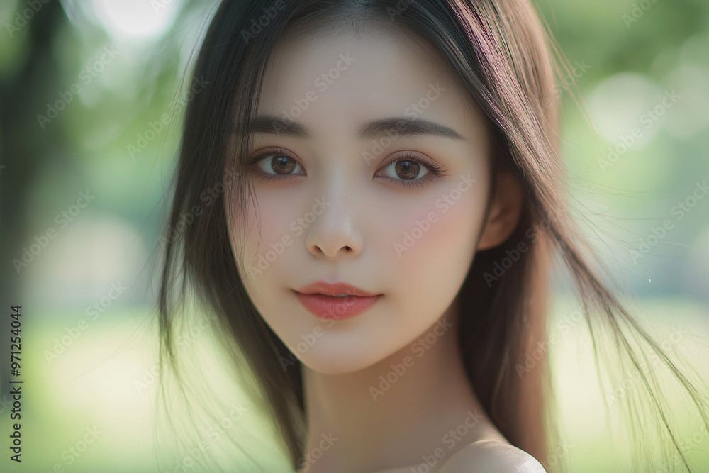 Fototapeta premium Cinematic portrait shot of a beautiful chinese girl in a park.