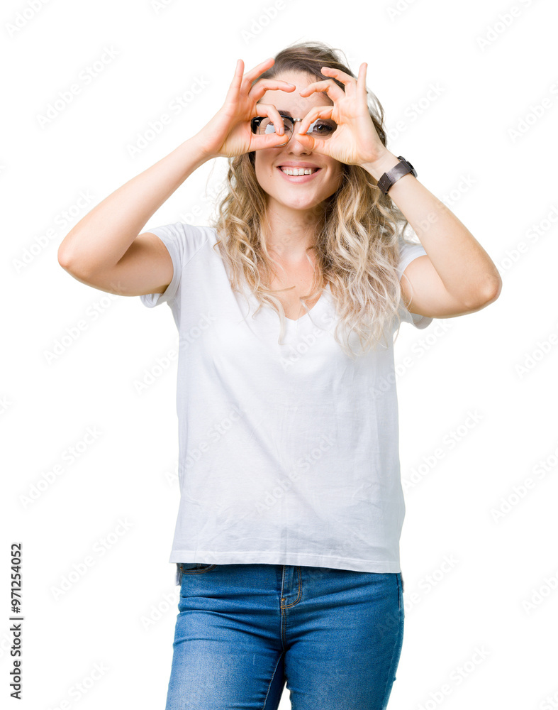 Beautiful young blonde woman wearing glasses over isolated background doing ok gesture like binoculars sticking tongue out, eyes looking through fingers. Crazy expression. Beautiful young blonde woman wearing glasses over isolated background doing ok gesture like binoculars sticking tongue out, eyes looking through fingers. Crazy expression.