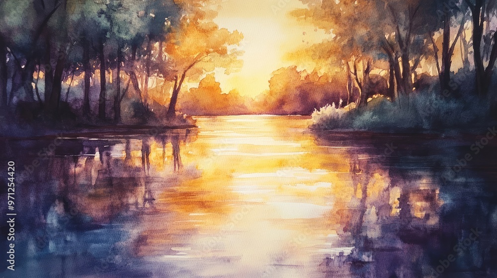 Watercolor painting of a serene campsite by a river, surrounded by trees and a glowing sunset reflecting on the water, creating a peaceful outdoor scene. Watercolor painting of a serene campsite by a river, surrounded by trees and a glowing sunset reflecting on the water, creating a peaceful outdoor scene.