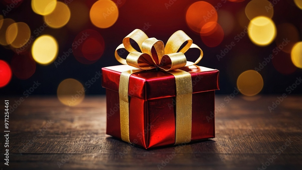 A beautifully wrapped red gift box with golden ribbon set against a warm bokeh background, perfect for festive celebrations and special occasions A beautifully wrapped red gift box with golden ribbon set against a warm bokeh background, perfect for festive celebrations and special occasions