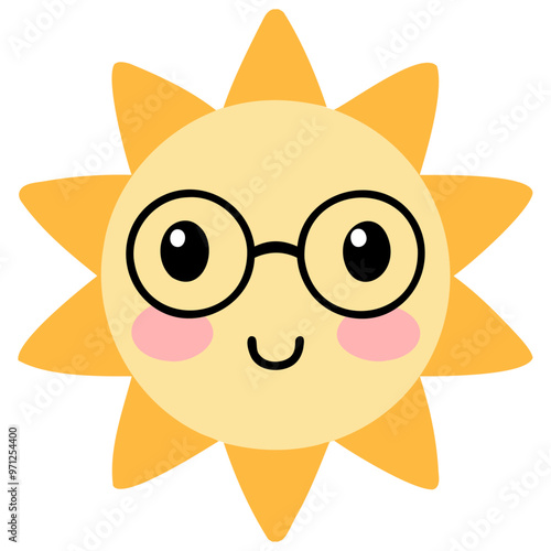 Cute suns, Sunshine emoji with round black glasses and blushing cheeks