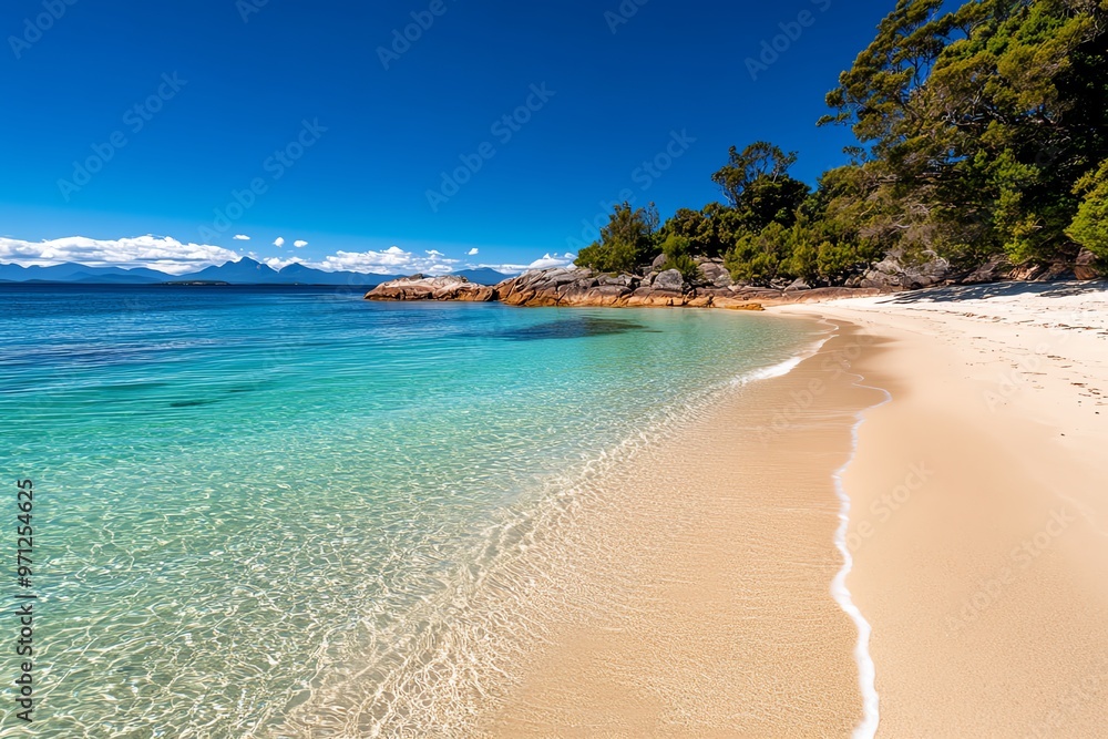 Obraz premium A secluded beach on Tasmaniaâ€™s east coast, with soft white sand and crystal-clear waters inviting a quiet afternoon of reflection