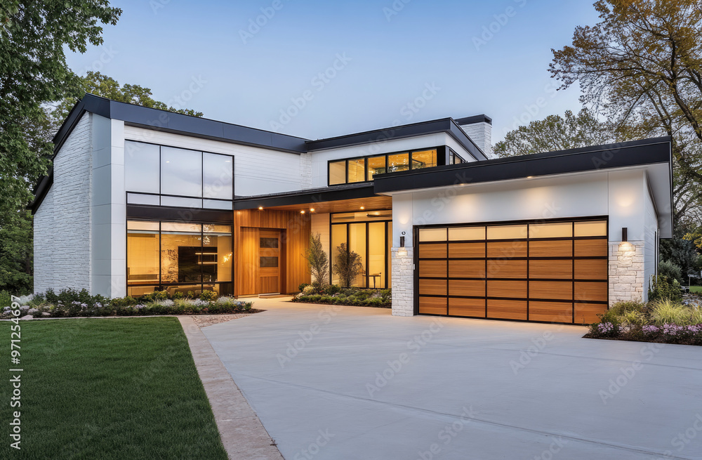 Modern home exterior with white stone and glass accents, featuring two steel garage doors on the right side of the house. Modern home exterior with white stone and glass accents, featuring two steel garage doors on the right side of the house.