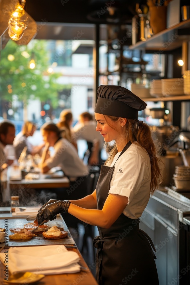 Skilled chef prepares gourmet dishes in a bustling restaurant during evening service in a vibrant city Skilled chef prepares gourmet dishes in a bustling restaurant during evening service in a vibrant city