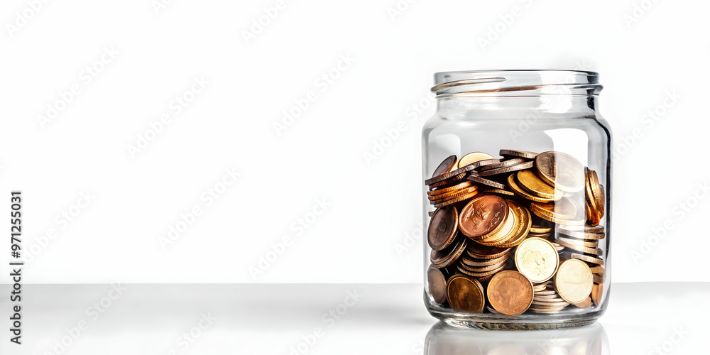 3D Isolated Coin Jar with Savings Label - Modern Abstract Vector Illustration of Transparent Jar Filled with Coins on White Background 3D Isolated Coin Jar with Savings Label - Modern Abstract Vector Illustration of Transparent Jar Filled with Coins on White Background