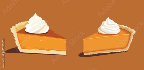 vector illustration of a slice of pumpkin pie with a dollop of whipped cream on brown background