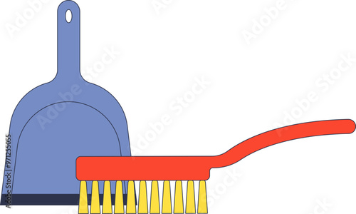 A red broom with yellow bristles alongside a blue dustpan, symbolizing cleanliness and tidiness.