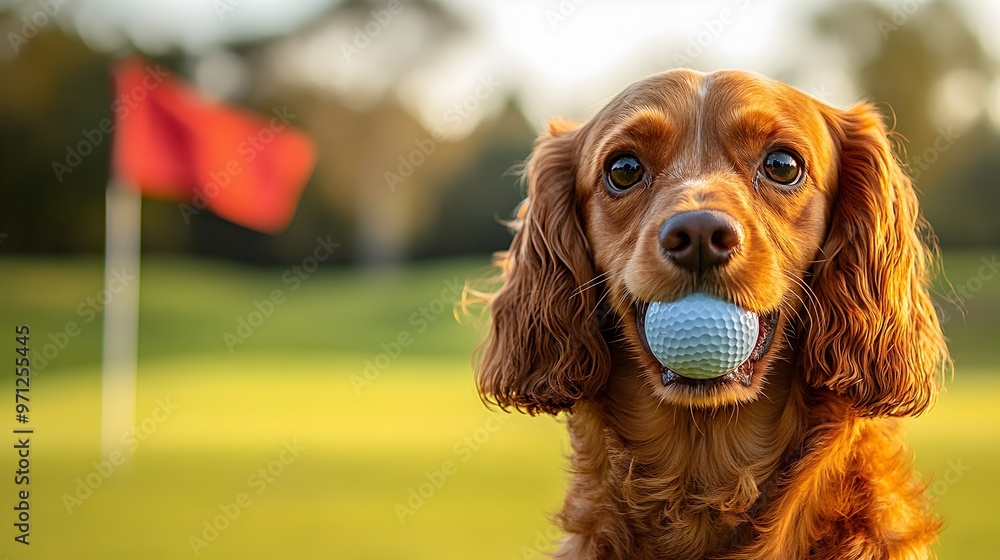 Energetic Cocker Spaniel Holding Golf Ball by Golf Flag in Vibrant Green Outdoor Setting Energetic Cocker Spaniel Holding Golf Ball by Golf Flag in Vibrant Green Outdoor Setting