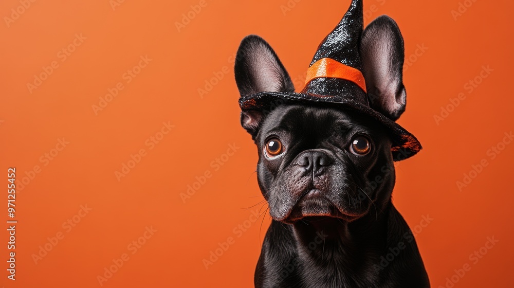 Cute Dogs in Halloween Costumes on Dark Orange Background Cute Dogs in Halloween Costumes on Dark Orange Background