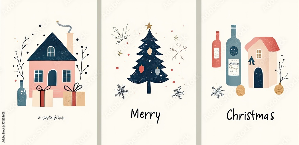 Charming holiday illustration featuring a cozy house, Christmas tree, and festive decorations for a merry celebration. Charming holiday illustration featuring a cozy house, Christmas tree, and festive decorations for a merry celebration.
