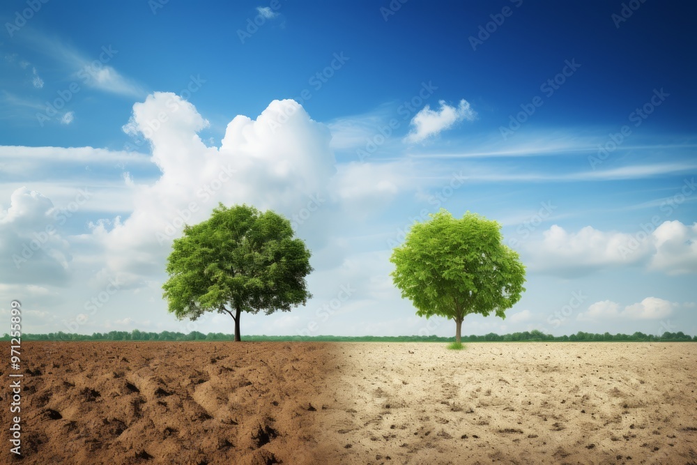 Obraz premium tree planting and ecology, featuring two large trees growing in dry soil against a blue sky background