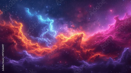 A vibrant cosmic landscape featuring swirling clouds of color against a starry background, evoking a sense of wonder and exploration.