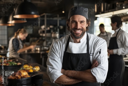 Fototapeta Naklejka Na Ścianę i Meble -  Chef smiles proudly in busy restaurant kitchen while preparing gourmet dishes during a dinner service in the evening