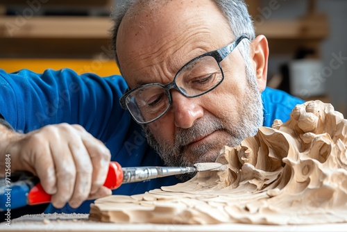 A springstone artist working on a new piece, chiseling away with precision to reveal a graceful, abstract form photo