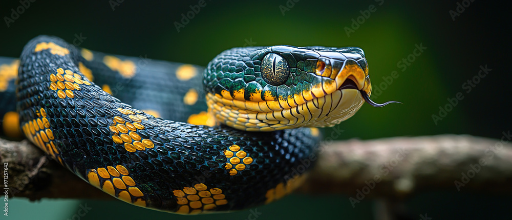 a majestic snake with black, yellow and green scales on its body slithering along the branch in front of a pure solid background. a majestic snake with black, yellow and green scales on its body slithering along the branch in front of a pure solid background.