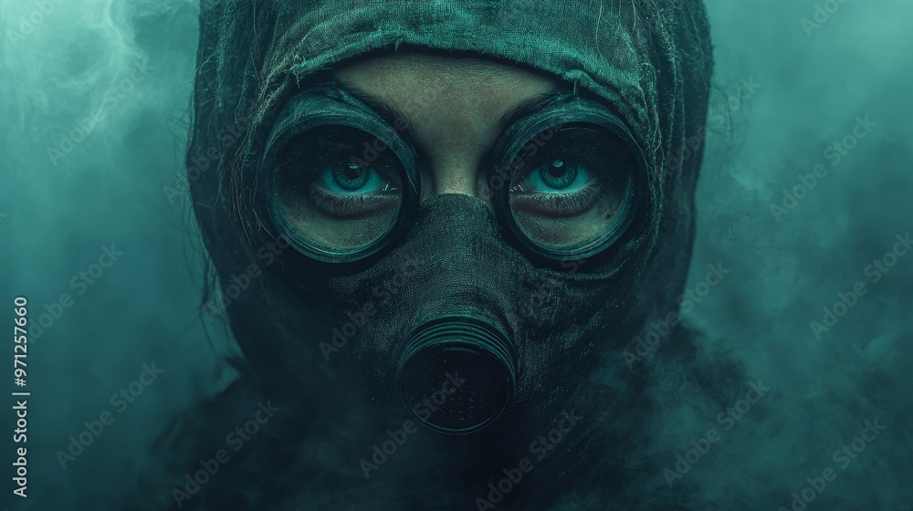 A woman with a gas mask on her face A woman with a gas mask on her face