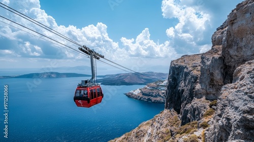 Cable car links harbor to rocky Fira. photo