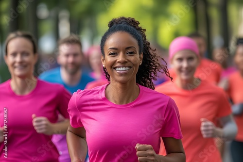 Smiling woman runs in a race wearing a bright pink shirt.