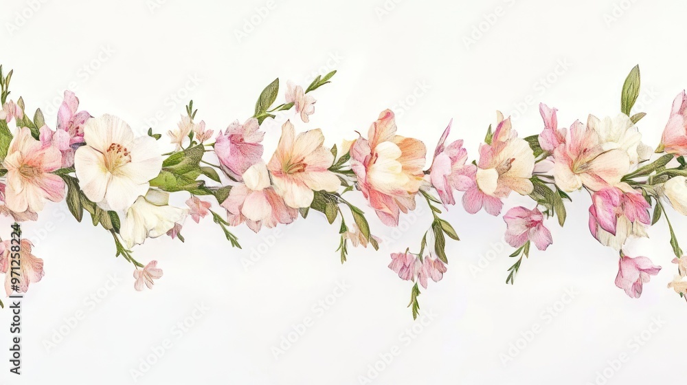 A delicate arrangement of pink and white flowers on a white background. A delicate arrangement of pink and white flowers on a white background.