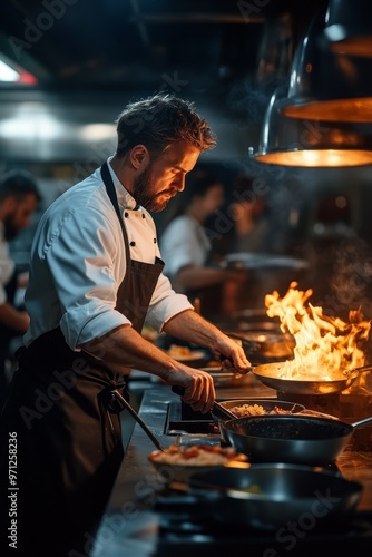 Fototapeta Naklejka Na Ścianę i Meble -  A skilled chef cooks with passion in a lively kitchen filled with activity. The flames rise as fresh ingredients sizzle in pans, creating a vibrant atmosphere.