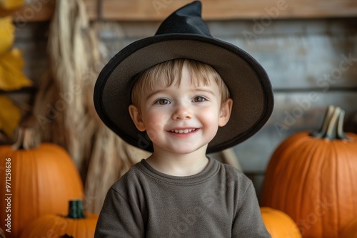 Halloween. Smilinig cute little boy in hat with pumpkins on wooden background. Holiday event halloween banner background concept with generative ai photo