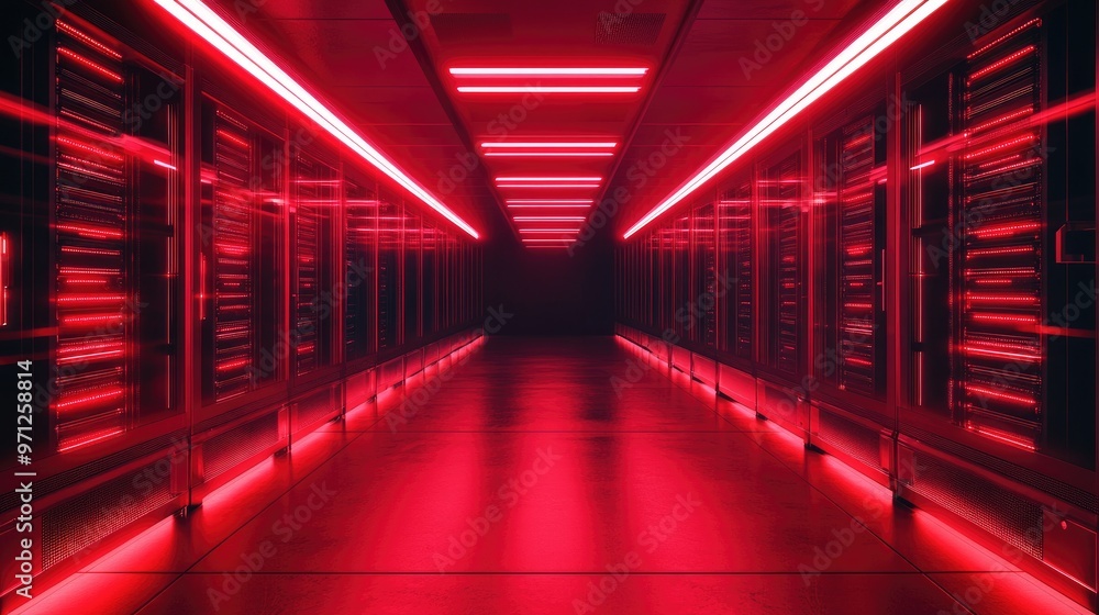 A long, narrow hallway with red neon lights on the ceiling and walls. The floor is reflective and there are server racks on both sides of the hallway. A long, narrow hallway with red neon lights on the ceiling and walls. The floor is reflective and there are server racks on both sides of the hallway.