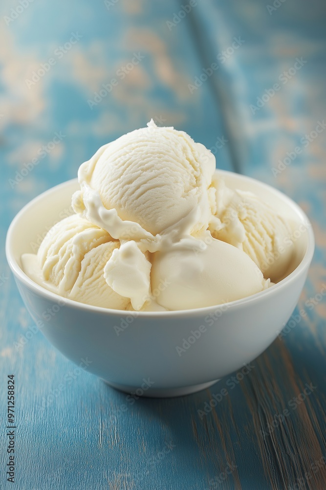 A bowl of vanilla ice cream on a blue wooden table A bowl of vanilla ice cream on a blue wooden table