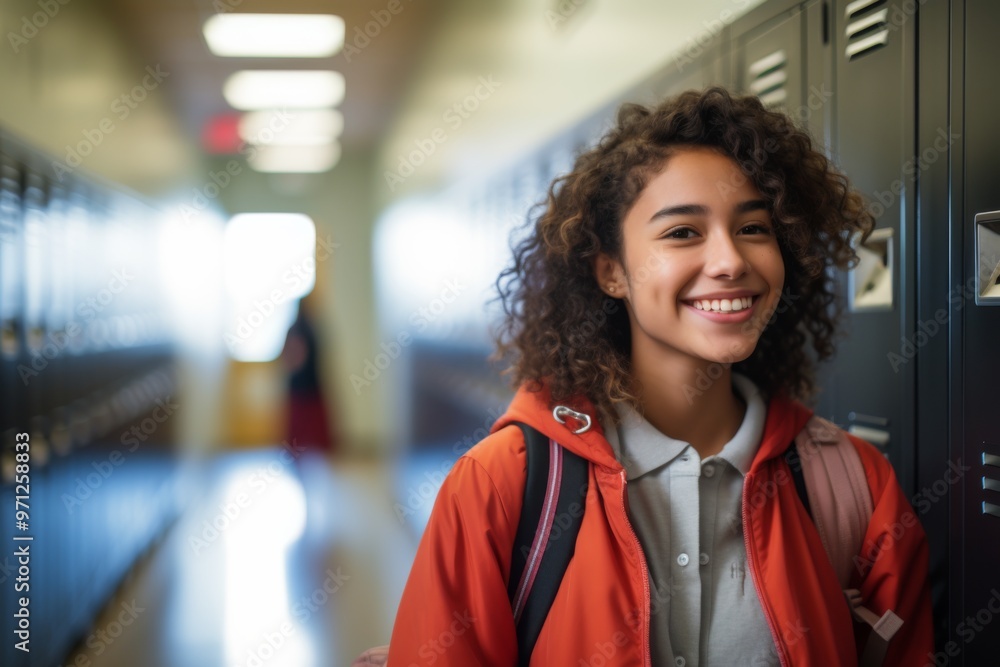 Portrait of a smiling female high school student in hallway Portrait of a smiling female high school student in hallway