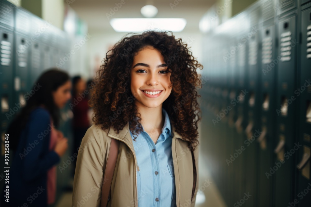 Portrait of a smiling female high school student in hallway Portrait of a smiling female high school student in hallway