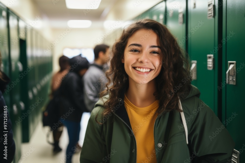 Portrait of a smiling female high school student in hallway Portrait of a smiling female high school student in hallway