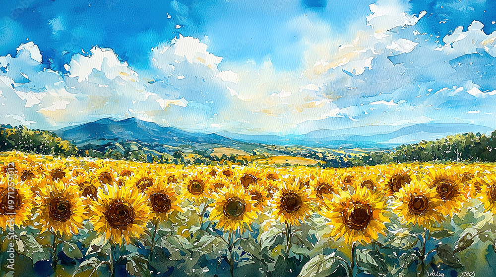 Obraz premium a watercolor painting of a sunflower field on a sunny day, with bright yellow flowers facing the sun, a clear blue sky above, and a few clouds drifting
