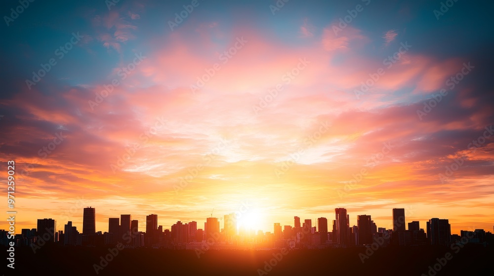 Bright sunrise over a cityscape, representing the dawn of a new era Bright sunrise over a cityscape, representing the dawn of a new era