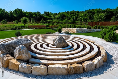 A stone labyrinth, with large rocks forming a maze-like path for walkers to follow, leading to a central point photo