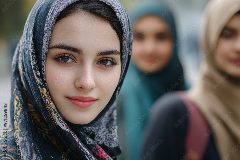 International Women's Day. Portrait of a young muslim woman with her friends in the background with generative ai International Women's Day. Portrait of a young muslim woman with her friends in the background with generative ai