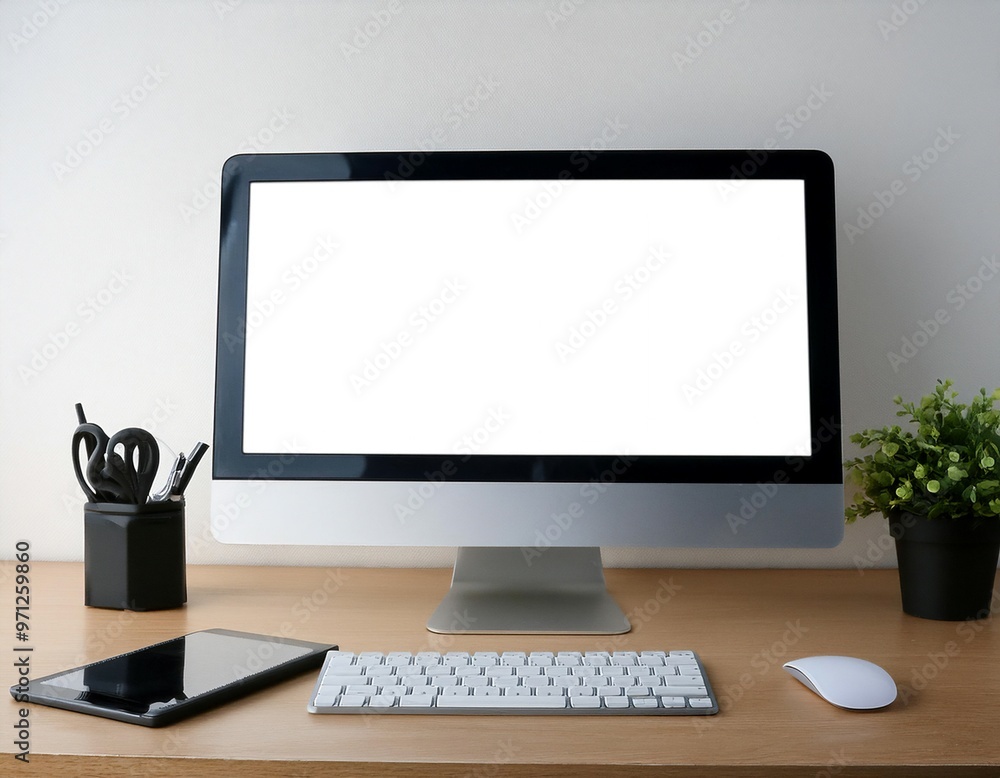 Fototapeta premium Desktop computer setup, including accessories like keyboard and mouse, representing office work, productivity, and tech.