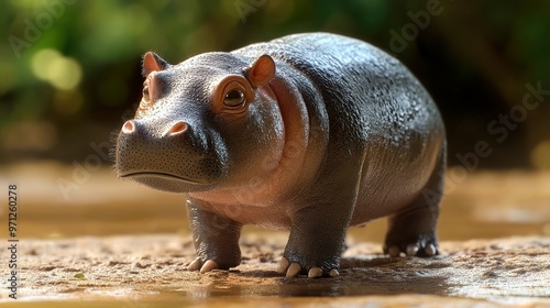 Pygmy Hippo Delight, a full-body portrayal of an adorable baby pygmy hippo, showcasing its round body, tiny limbs, and playful demeanor in a lush, vibrant habitat. photo