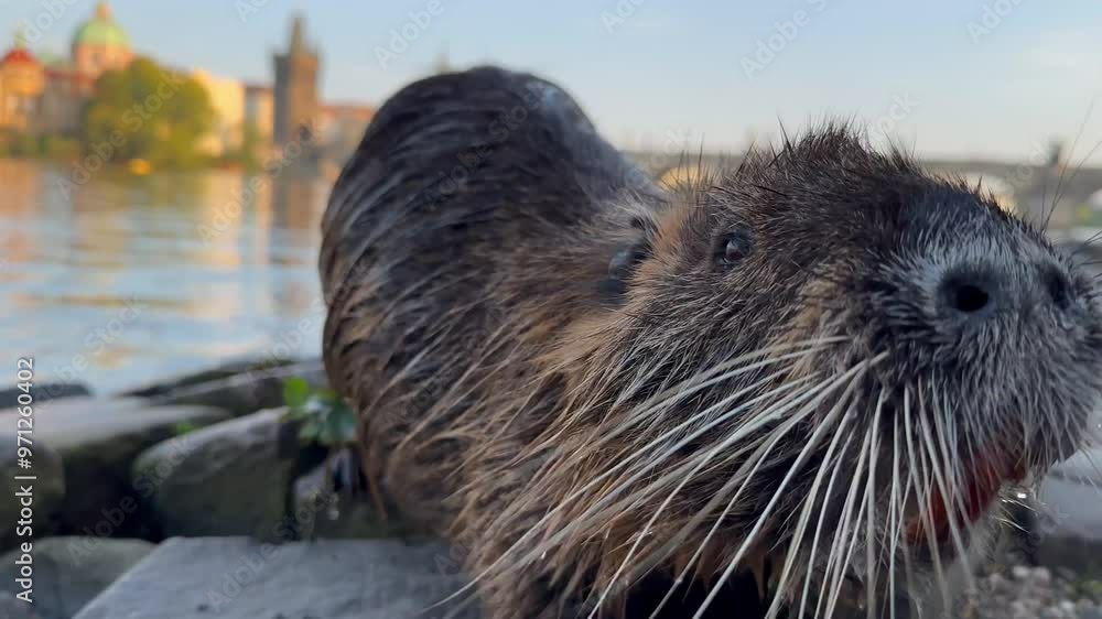 Nutria or Coypu with Prague Architecture Background. Myocastor Coypus is a Herbivorous, Semiaquatic Rodent. Wild Animal near Vltava River and Charles Bridge in Czech Republic. Nutria or Coypu with Prague Architecture Background. Myocastor Coypus is a Herbivorous, Semiaquatic Rodent. Wild Animal near Vltava River and Charles Bridge in Czech Republic.