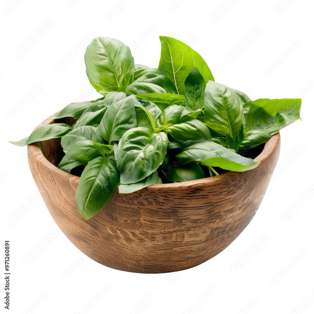 Fresh basil leaves in a rustic wooden bowl, isolated on a white background, transparent background. Fresh basil leaves in a rustic wooden bowl, isolated on a white background, transparent background.