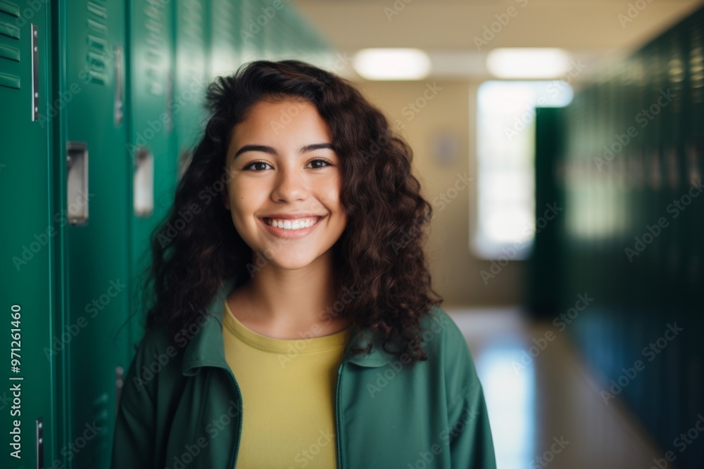 Fototapeta premium Portrait of a smiling female high school student in hallway