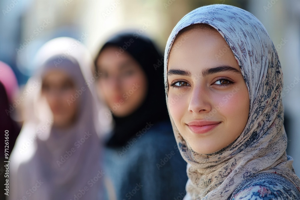 International Women's Day. Portrait of a young muslim woman with her friends in the background with generative ai International Women's Day. Portrait of a young muslim woman with her friends in the background with generative ai