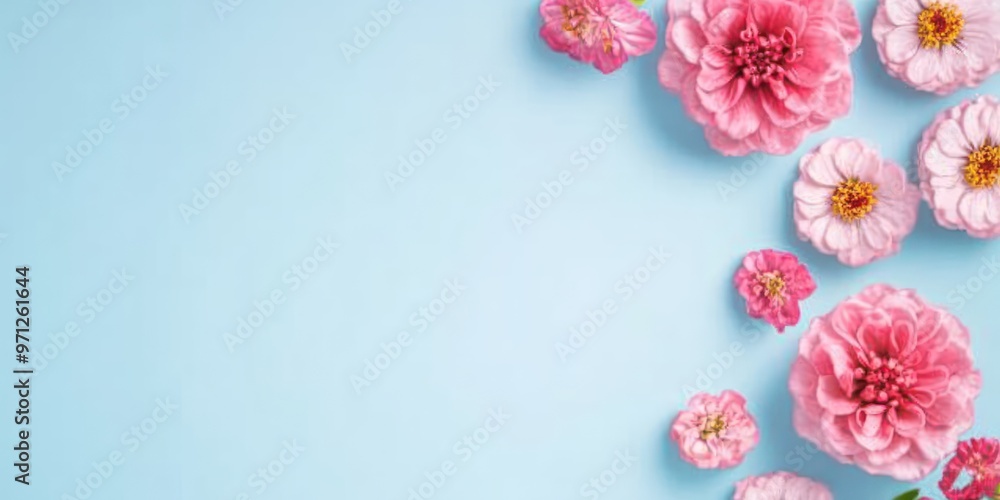 A vibrant arrangement of pink flowers on a light blue background. A vibrant arrangement of pink flowers on a light blue background.